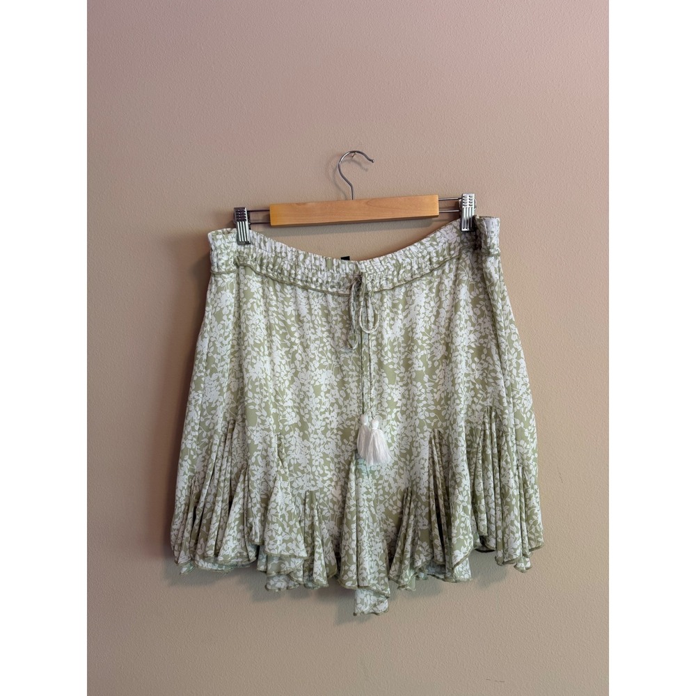 Sage Green Floral Ruffle Mini Skirt Tassel Drawstring Boho Medium